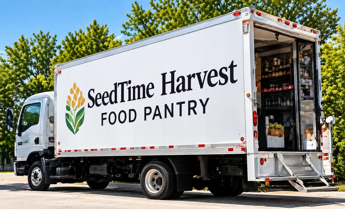 An illustrated SeedTime Harvest Food Pantry mobile pantry truck
