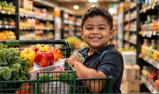 A smiling child beside a shopping cart filled with fresh vegetables