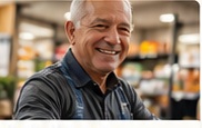 An older man smiling in a grocery produce aisle